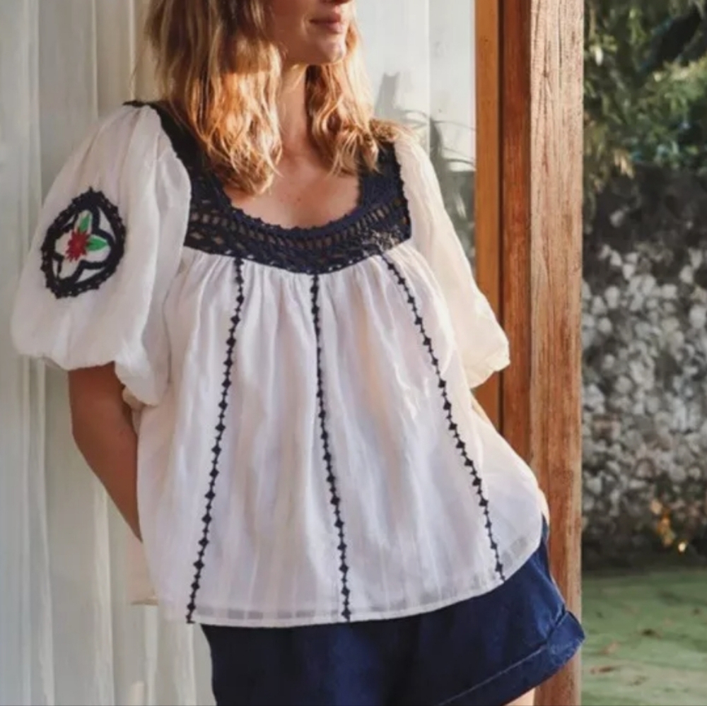 Cleobella | Navi Embroidered White and Blue Women's Top